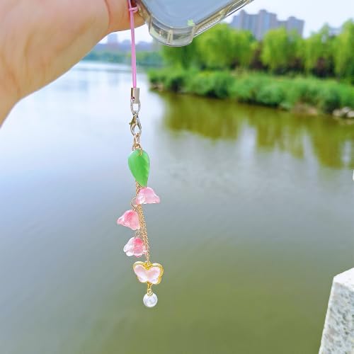 Phone Charms with Lily of the Valley & Butterfly Aesthetic Y2K Cell Phone Charms Strap Accessories for Bag Keychain Airpods Camera Pendants Decor for Women - color: Pink-Lily of the Valley