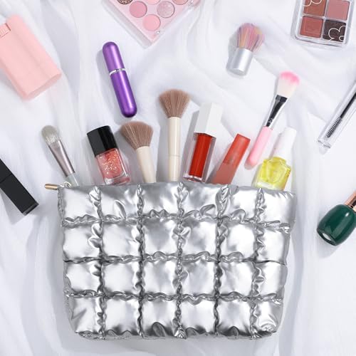 Hillban Silver Puffy Quilted Makeup Bag for Women Cosmetic Gift, Classic - color: Silver, size: Classic