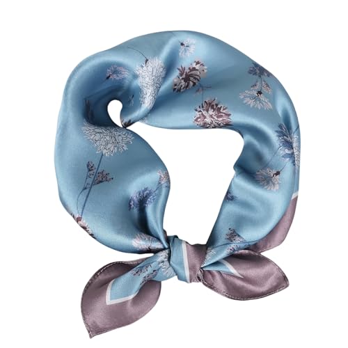 Women 100% Mulberry Silk Neck Scarf 21" Square Floral Neckerchief - color: Grey Blue Floral