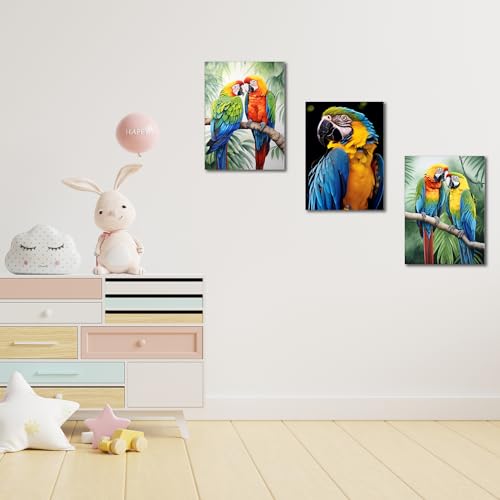 GLOKAKA Set of 3 Parrot Wall Art Colorful Parrot on Branch with Tropical Leaves Painting Pictures Wall Decor Colorful Birds Artwork for Living Room Bedroom Bathroom Decor - color: Parrot Artwork-01, size: 24"L x 16"W