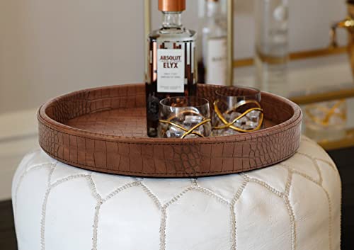 HofferRuffer Faux Leather Round Serving Tray, Vegan Croco Leather Decorative Food Tray for Storage Drinks, Snack & Cosmetics, Dia.12'' x 1.6'' (Antique Brown) - color: Antique Brown, size: 12"