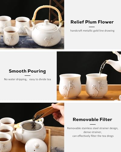 Dujust Japanese Tea Set, White Porcelain Chinese Tea Set (Plum in Golden) - color: White
