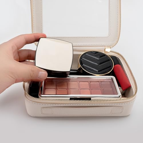 Aveniee Clear Makeup Bag Organizer Set,Portable Travel Toiletry Case for Women, Vegan Leather Cosmetic Pouch Car Bag for Essentials 2pcs,Middle & Large,Beige - color: Off-White, style: Double Style