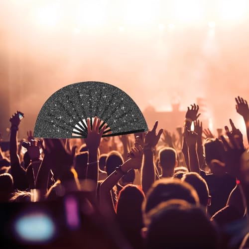 Large Folding Hand Fan Glitter Large Rave Hand Fan, Folding Shiny Hand Fan Clack Handheld Fan Women Handheld Fan with Bag for Festival, Disco Party, Club, Dance, EDM, Home Decoration(Black) - color: Black
