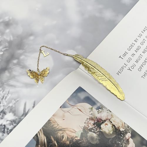 Initial Letter and Butterfly Charm Metal Feather Bookmark (Gold-L) - style: Gold-L