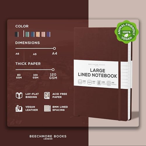 BEECHMORE BOOKS A4 8.5x11.5 Lined Leather Journal For Men 120 GSM, Gift Box - color: Chestnut Brown, size: A4 - 8.5" x 11.5" Large