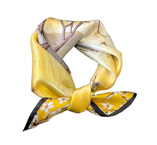 JERLA 100% Mulberry Silk Neck Scarf 21"x21" Small Square Scarfs for Women Gift Packed - color: Yellow Tree
