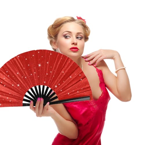 Large Folding Hand Rave Fan for Men/Women, Popping Fan for Line Dancing, Decorative Folding Hand Fan for Boots On The Ground, Festival, Gift, Home Decorations(Red) - color: Red