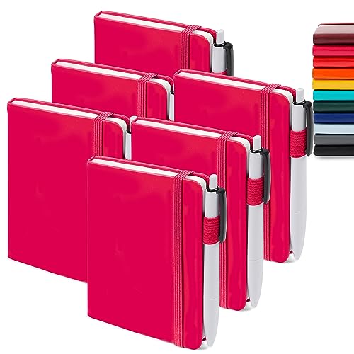 feela 6 Pack Pocket Small Notebooks Bulk, Mini Cute Memo Notepads Hardcover College Ruled Lined Journals with Pen Holder for Women Girls Office School, with 6 Black Pens, 3.5”x 5.5”, A6, Berry - color: A6 6 Berry