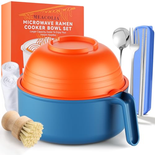 Large Ramen Bowl Set, Microwave Noodle Pasta Cooker with Lid and Strainer, Microwave Steamer for Vegetables, with Stainless Steel Chopsticks, Spoon, Fork, for Office, College, Dorm, Gift (Orange) - color: Orange, size: 50 oz Ramen Bowl (with Travel Utensi