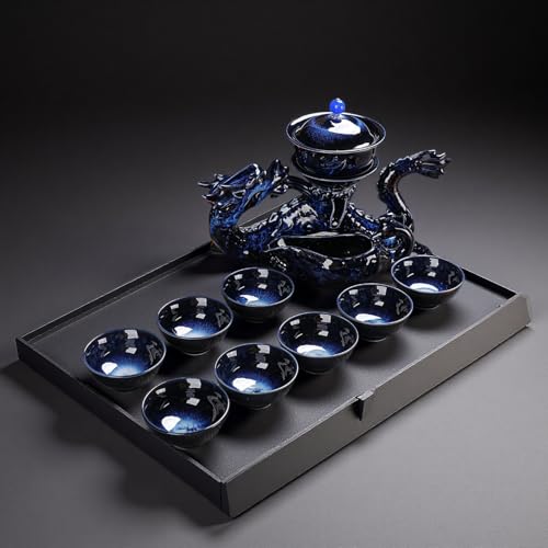 Chinese Gongfu Tea Set Ceramic Teapot with Infuser,8 Cups, Semi Automatic Dragon Design for Loose Leaf Tea - color: Gradient Dragon - A