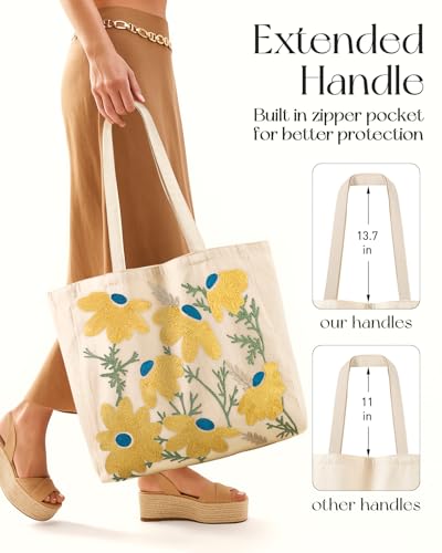 Miss Adola Embroidery Canvas Tote Bag with Pocket & Buckle - color: Daisy