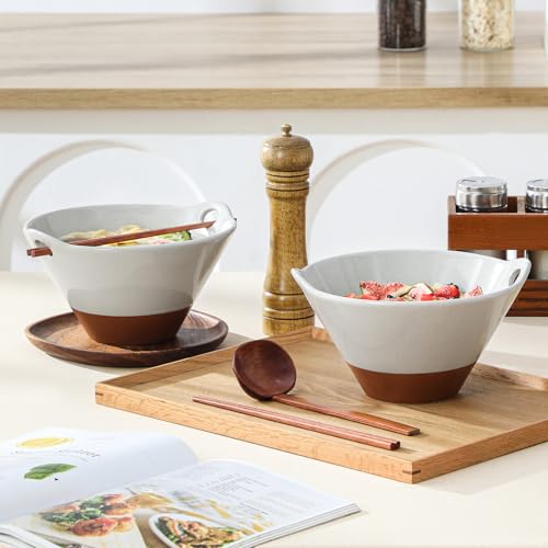 MALACASA 42 oz Ceramic Ramen Bowls with Chopsticks & Spoon, Grey & Khaki - color: Gray and Khaki