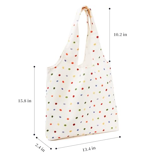 REDSINDA Canvas Tote Bag, Large Capacity Shoulder Bag with Inner Pockets, Foldable Shopping Bag - color: Colorful Dots