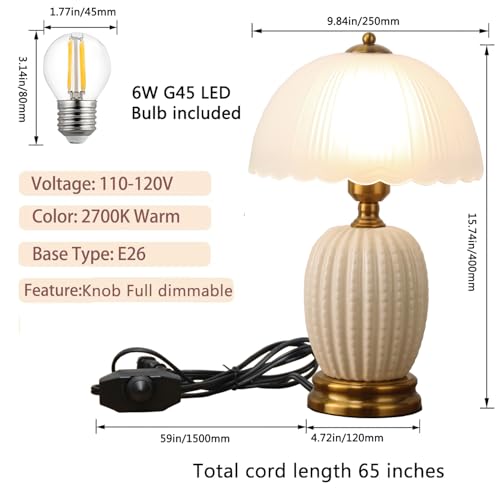 Ceramic Table Lamp Dimmable for Living Room, 16" Modern Vintage Bedside Nightstand Lamps with White Glass Shade,Classic Chinoiserie Retro Bedroom Lamp for Night Stands, Dorm,Office, Home Decor - color: White Pineapple
