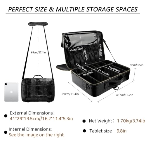 gzcz Large Capacity Travel Makeup Case Organizer,Professional Cosmetic Bags for Women,Waterproof PU Leather Makeup Bag with Adjustable Dividers and Shoulder Strap for Brushes and Jewelry - color: Black Crocodile Pattern, size: Large