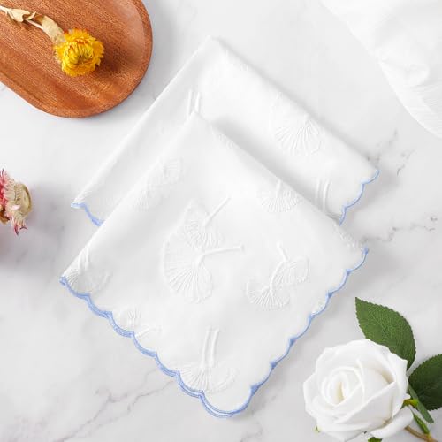 DoreenBeads Women's Cotton Handkerchiefs Scallop Embroidered Ladies Hankies - color: White-blue Hems