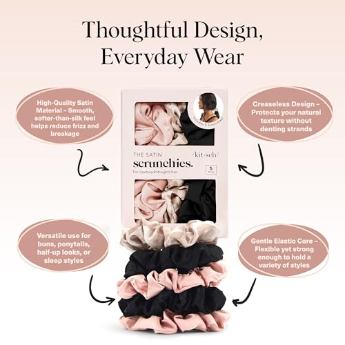 Kitsch Satin Scrunchies for Women | For All Hair Types - Assorted, 5pcs - color: Blush & Black