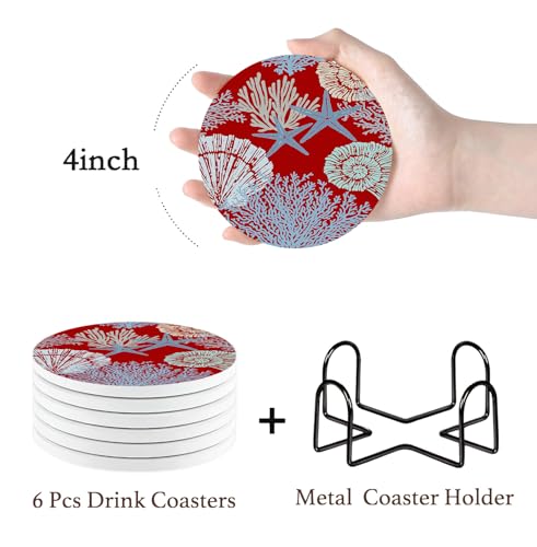 Nikyi 6 Pcs Coastal Shells in Red Ceramic Absorbent Coasters, Round Drink Coaster with Metal Holder & Cork Base, Nautical Beach Coaster for Coffee Table Kitchen Living Office Desk Home Decor Gifts - color: Coastal Shells in Red