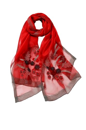 Jeelow Long Silk Blend Embroidered Floral Shawl Scarf Wrap for Women - color: Scarlet Whisper