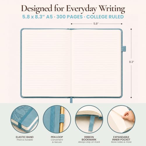 Lined Journal Notebook Hardcover Leather Bound 300 Pages A5 Blue Cute Diary - color: Light Blue, size: A5 300 Pages