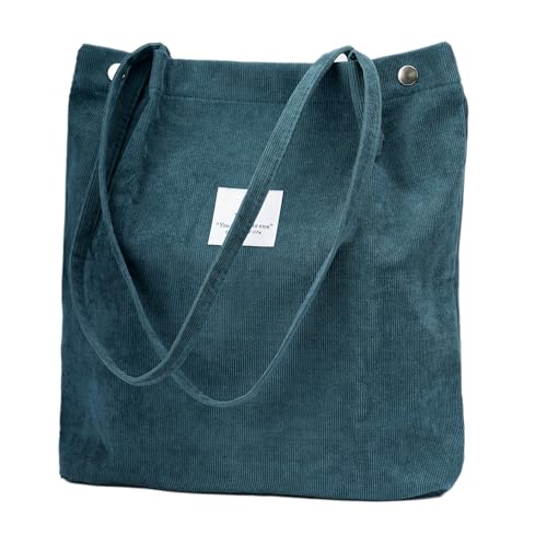 Corduroy Tote Bag Cute Tote Bags for Women Shoulder Bag with Inner Pocket for Work Beach Travel and Shopping Grocery - style: Blue-green