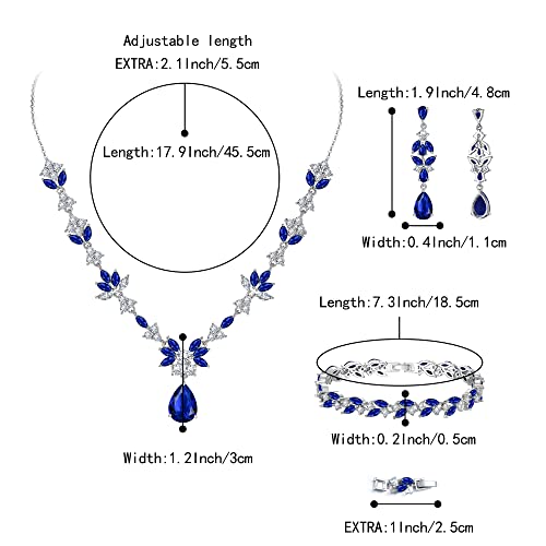 BriLove Wedding Jewelry Set for Women, Y-Necklace Tennis Bracelet Dangle Earrings with AAA Cubic Zirconia Teardrop for Bridal Bridesmaid - color: Sapphire Color Silver-Tone
