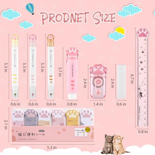 8 Pcs Cute Cat Paw Stationery Set Kawaii School Office Supplies Including Eraser Correction Tape Highlighters Sticky Notes Ruler for Cat Lovers Students (Pink) - style: Style D (Pink)