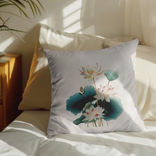 Lotus Flower Pillow Cover 18 x 18 Inches, Teal Leaf Zen Decor - color: Teal Lotus