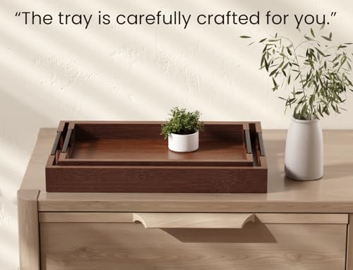 Fibogollo Set of 2 Bamboo Serving Trays with Metal Handles(Brown) - style: Brown-Medium and Large Set
