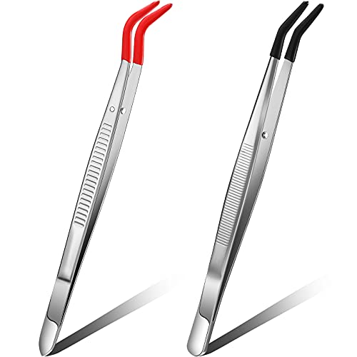 Honoson 2 Pieces Curved Bent Tweezers with Rubber Tip, Red, Black - color: Red, Black