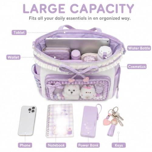 Kawaii Ita Bag with Ruffle Trim, Cute Color Block Crossbody Bag, Pin Display Shoulder Bag with Insert Y2k Style - color: Purple / Blue