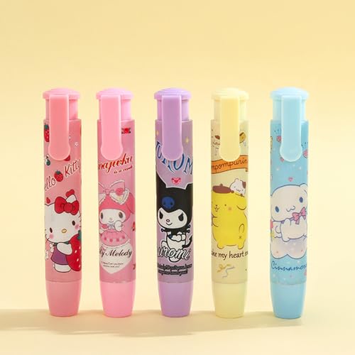 6 Pcs Mechanical Pencils with 5 Pcs Retractable Eraser, Cute Eraser Pencil, Cartoon Creative Stationery Supplies for Girls