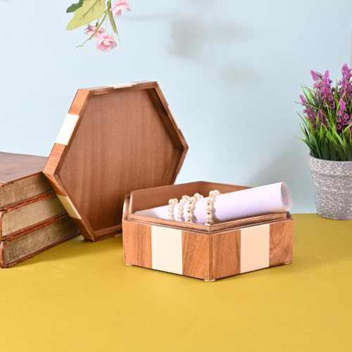 Perilla Home Hexagon Wooden Box, Brown and White, Wood and Resin, 9.54x8.07x3.15 Inch, Decorative - color: Brown and White