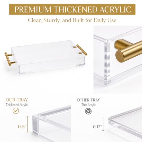 Clear Acrylic Tray 16x12” with Golden Metal Handles - Large Plastic Tray for Serving Guests, Countertop Organization, Ottoman Coffee Table & Vanity – Modern Decorative Tray for Home & Office - color: Golden Handles - Transparent, size: 16" x 12" x 2"