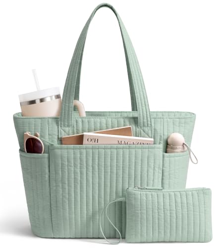 Bagstellar Quilted Tote Bag for Women Teacher Nurse Cotton Laptop Work Tote - color: Sage Green