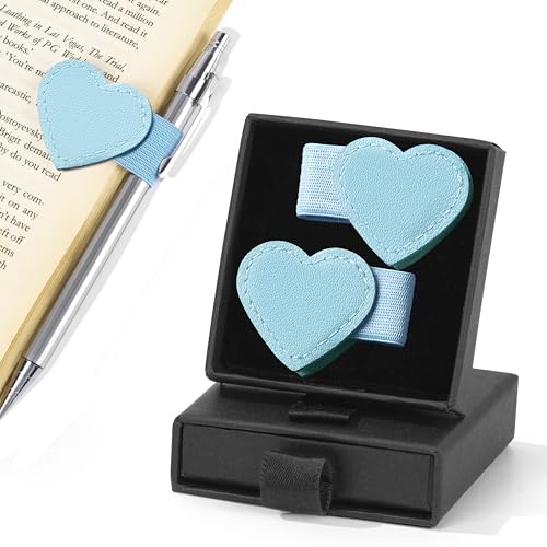 2Pcs Magnetic Leather Bookmarks with Pen Holder Gift Box, Heart-Shaped Magnetic Book Marks for Book Lover Readers Cute Leather Bookmark for Women Girls (Light Blue) - color: Light Blue