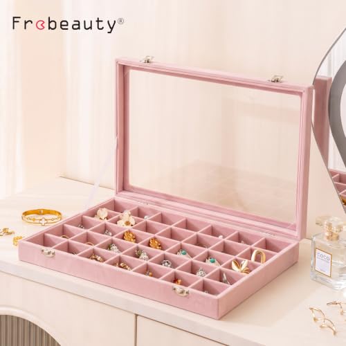 Frebeauty 35 Grid Earring Organizer,Velvet Jewelry Tray with Clear Lid - color: Pink, size: 35 Grid