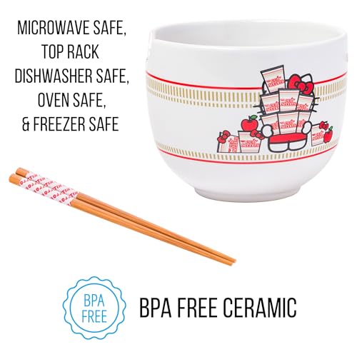 Silver Buffalo Hello Kitty Nissin Ceramic Ramen Bowl with Chopsticks, 20 Ounces