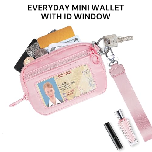 Small Wristlet Wallets for Women with Clear ID Window, Keychain Coin Purse - color: Pink