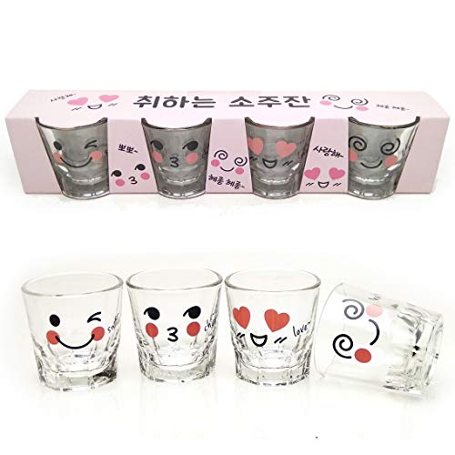 LENITH] Korean Soju Shot Glasses Sets, 1.7 oz, Character Clear Glass, Heart Shaped Glass for Whiskey,Tequila and Liquor. (Characters) - color: Characters