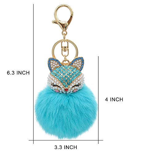 Faux Rabbit Fur Pom Pom Keychain with Fox Head - color: Bright Blue