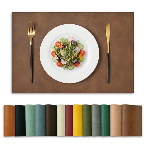 Artoid Mode Brown Faux Leather Placemats Set of 6, 12x18 Inch Waterproof Wipeable Heat Resistant Vinyl Place Mats, Reversible Table Mats for Kitchen Dining Decor - color: Brown, size: 12" x 18", Rectangular Set of 6