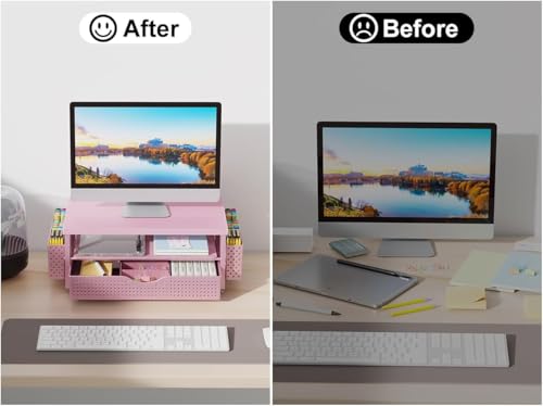 gianotter Monitor Stand with Drawer and 2 Pen Holders (Matte Pink) - color: Matte Pink
