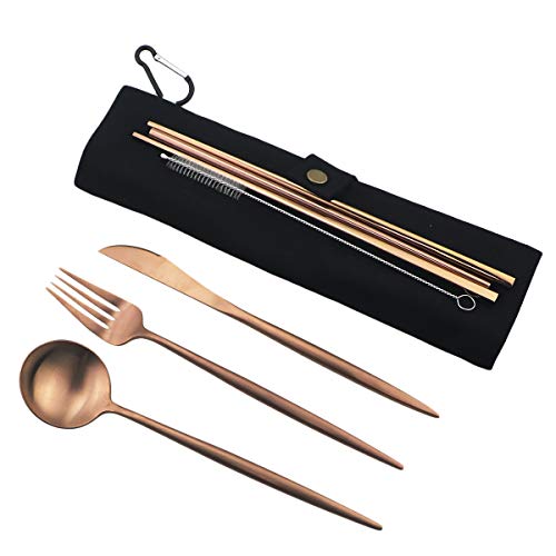 Luxury Rose Gold Matte Portable 18/10 Stainless Steel Travel Flatware Sets of 7 Portable Camping Cutlery Set, Healthy & Eco-Friendly Flatware Set with Carrying Case for Travel or Camping - color: Rose Gold, size: Black Pouch