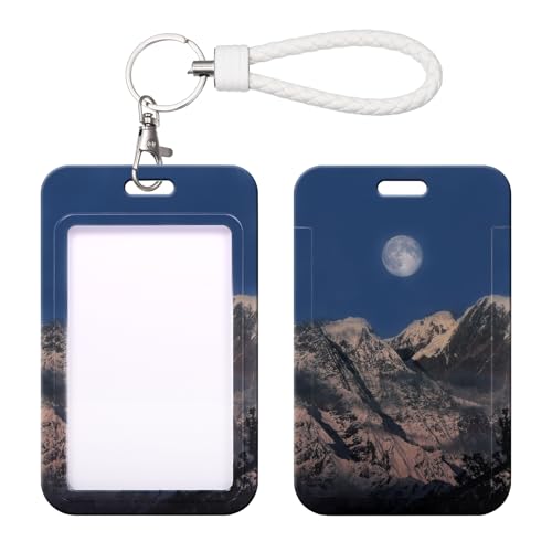 ID Card Badge Holder Key Chain with Metal Keyring, Plastic Slide Open with ID Window for Women Men Girls Students,Snowy Mountain Starry Sky - color: Snowy Mountain Starry Sky