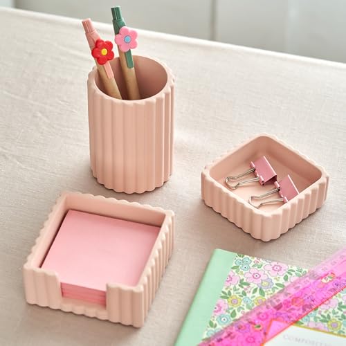 Modern Aesthetic Desk Accessories Set of 3 - Pink Concrete Organizers - color: Pink