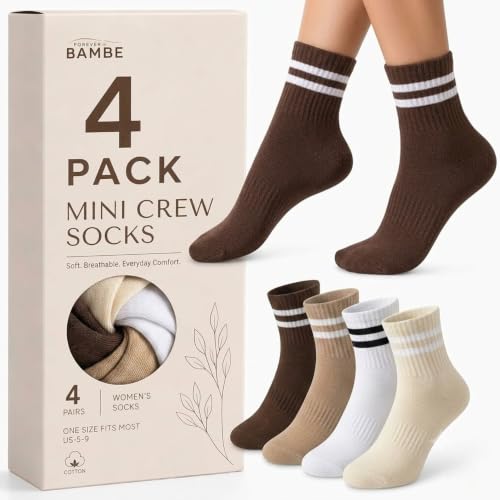 Forever Bambe Mini Crew Socks for Women 4-Pack Cushioned Bottom Retro Striped Socks - Athletic Women's Short Calf Sock - color: 11 - Fall Brown