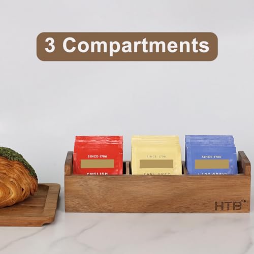 HTB Acacia Wood Small Tea Bag Box with 3 Compartments for Counter Drawer - color: Acaica Wood 1PCS