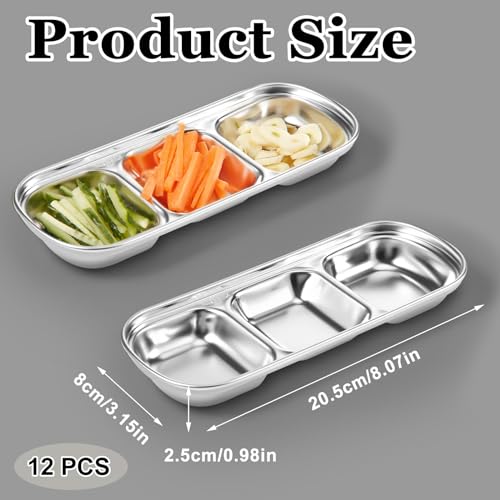 Maxcheck 12 Pcs Soy Sauce Dish Stainless Steel Divided Dip Bowls Korean 3 Compartment Sauce Plate Seasoning Dipping Condiment Tray for BBQ Vinegar Spice Salt Sugar Flavor Home Restaurant (Silver) - color: Silver